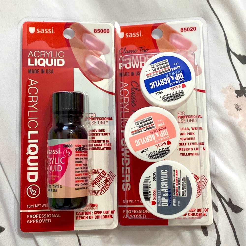 Sassi Acrylic Liquid and Acrylic Powder classic trio clear, pink, and white